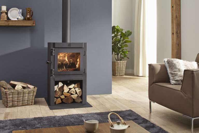 Dik Geurts Jannik wood burner with logstore in modern living room